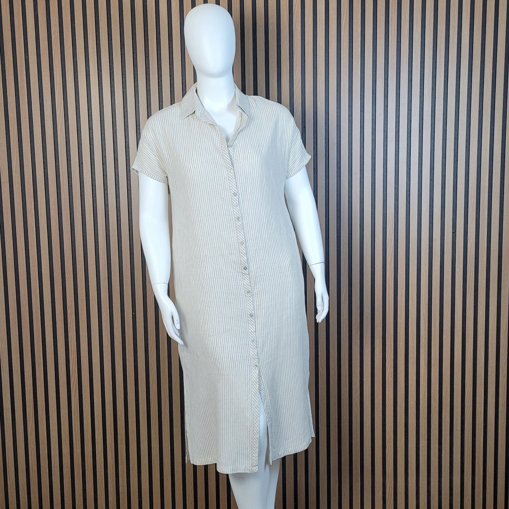 Lucky Brand Shirt Dress Midi Striped Tan White Button Front Short Sleeve L